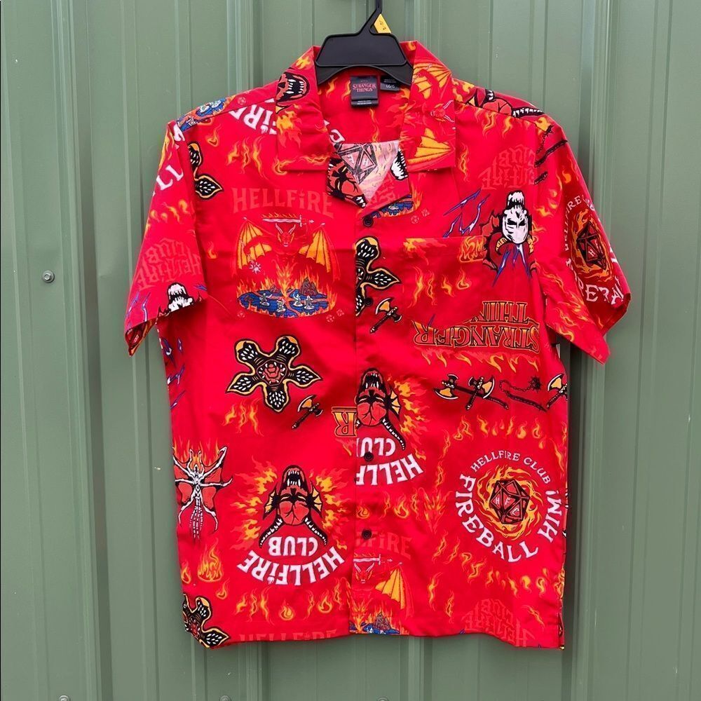 Men's Hellfire Club Print Button-Up Cotton Shirt with Short Sleeves Size L
